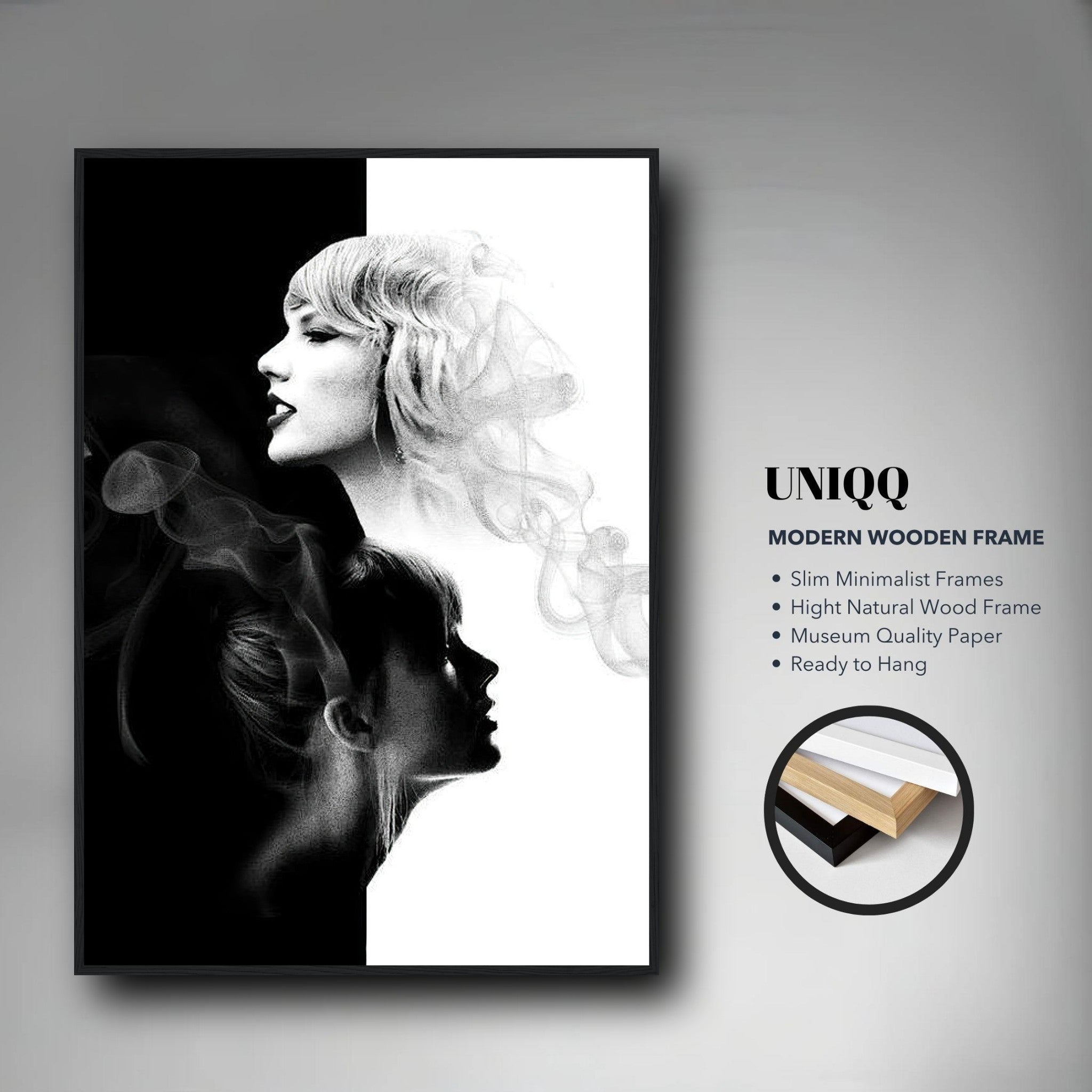 Taylor Swift black and white framed print featuring dual-portrait design and modern wooden frame, ready to hang.