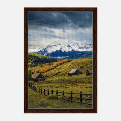 Framed canvas print of Telluride, Colorado, showcasing mountains, autumn foliage, and rustic barns.