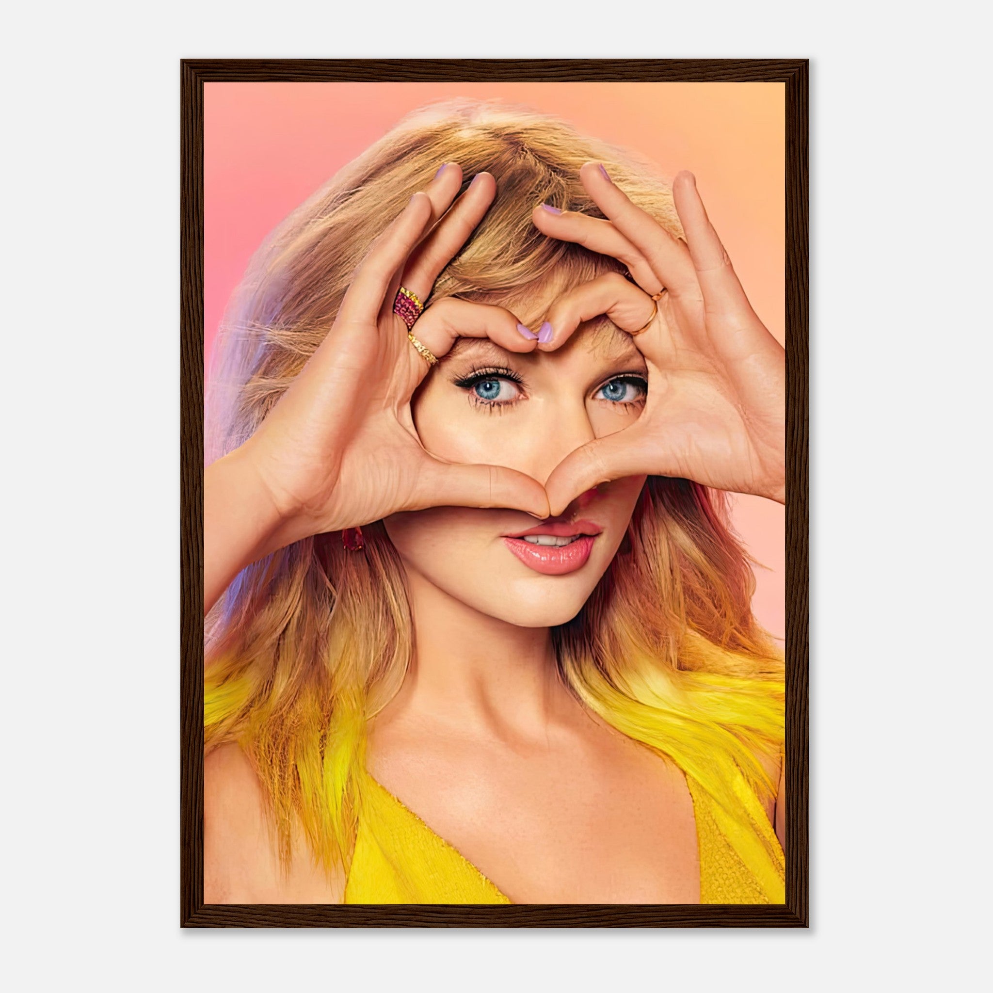 Taylor Swift framed print showing her making a heart shape with hands, featuring vibrant colors and stunning charisma.