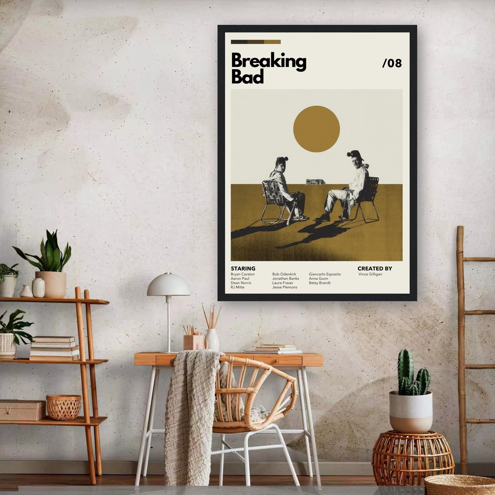 Vintage Breaking Bad framed print in modern decor featuring earthy tones and bold sun motif, ideal for stylish interiors.