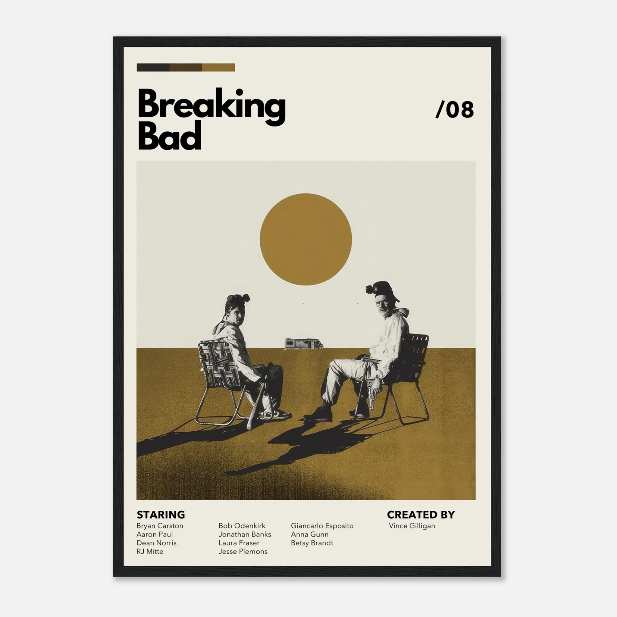 Vintage Breaking Bad framed print featuring Walter White and Jesse Pinkman in earthy tones and a bold sun design.