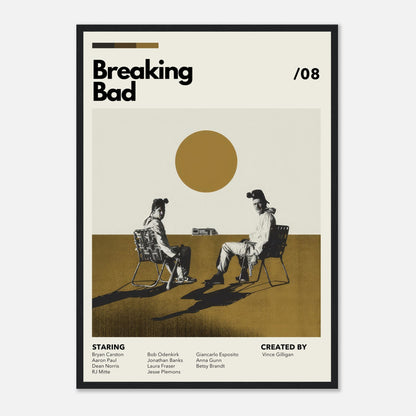 Vintage Breaking Bad framed print featuring Walter White and Jesse Pinkman in earthy tones and a bold sun design.