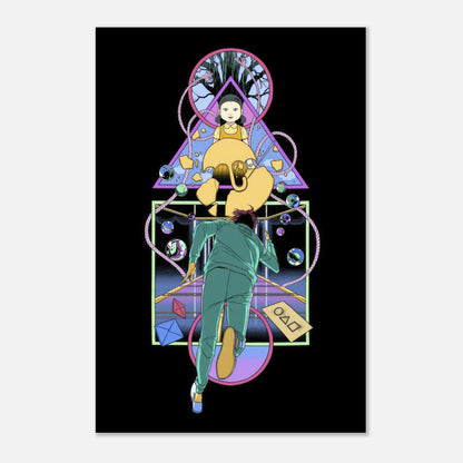 Doll Squid Game metal print with vibrant artwork on a black background featuring a character and dynamic design elements.