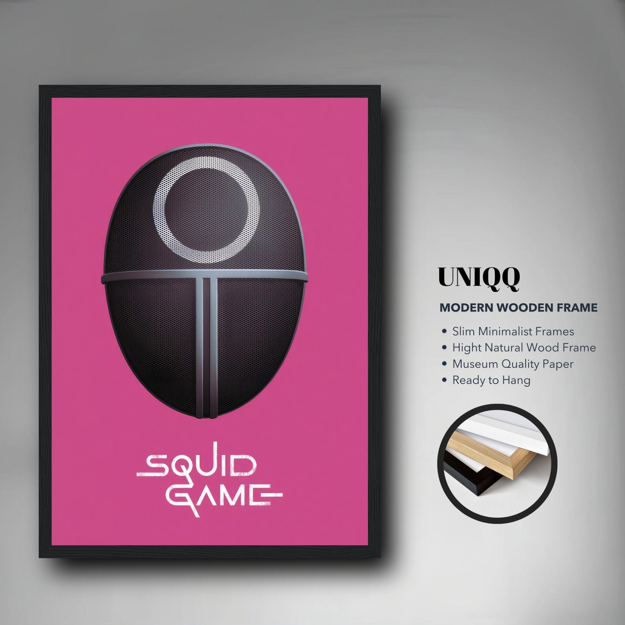 Squid Game Guard Mask framed print featuring minimalist design on pink background, perfect for fans of the Netflix series.