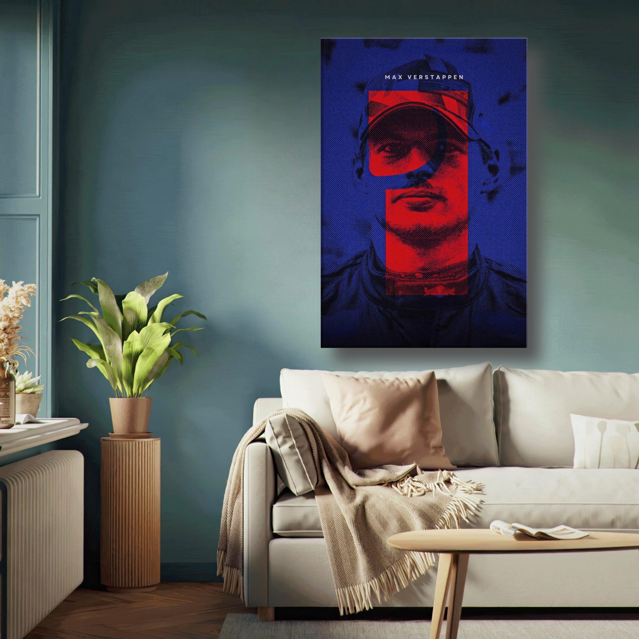 Max Verstappen canvas print in a modern living room, featuring vibrant colors and dynamic F1-inspired design.