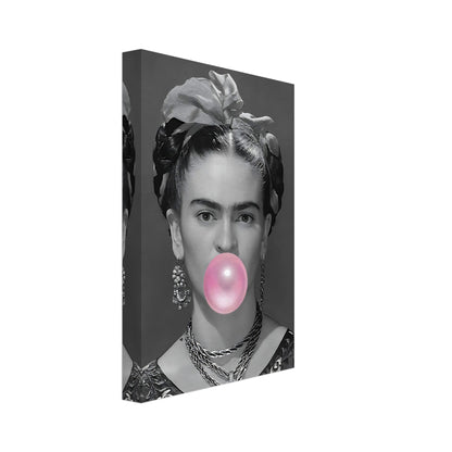 Frida Kahlo Bubble Gum canvas art featuring a grayscale portrait with vibrant pink bubble gum detail.