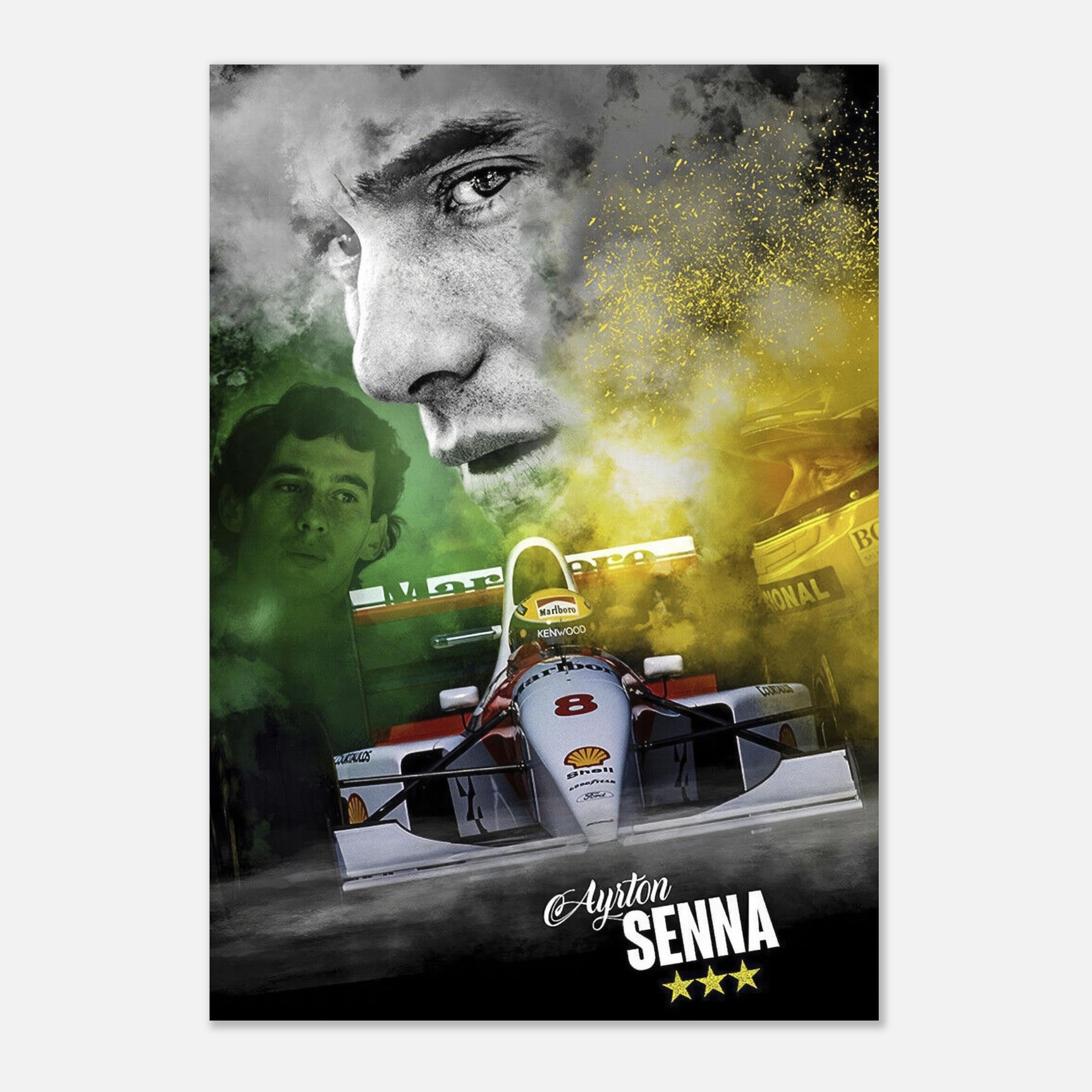 Ayrton Senna F1 metal print featuring his iconic portrait and race car in vibrant colors, celebrating his legendary legacy.