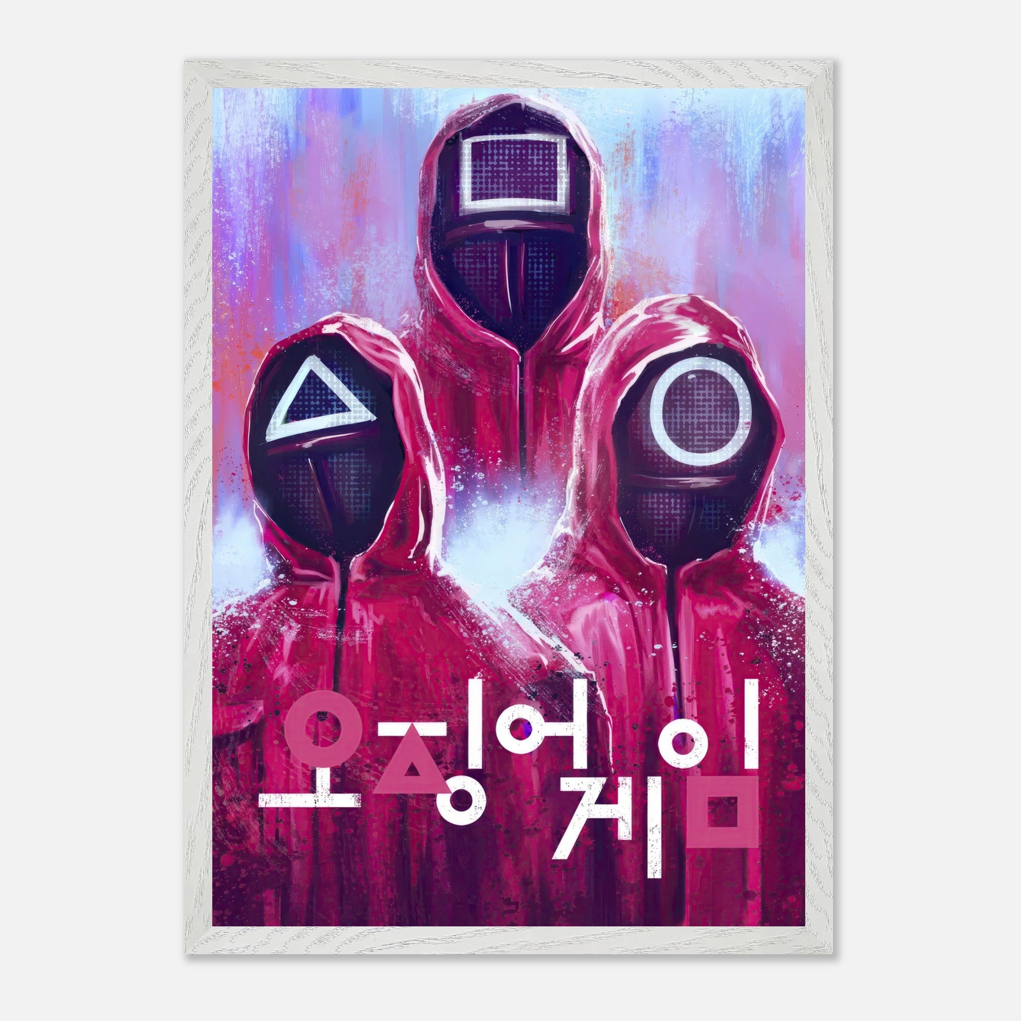 Squid Game fine art print featuring iconic guards in red hoods and masks against a vibrant purple backdrop.