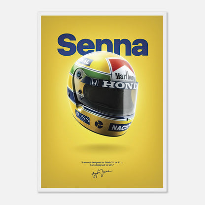 Ayrton Senna helmet framed poster with vibrant colors and inspirational quote on a bold yellow background.