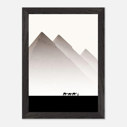 Framed art of Pyramids of Giza with camels against a muted sky, showcasing ancient Egypt's grandeur.