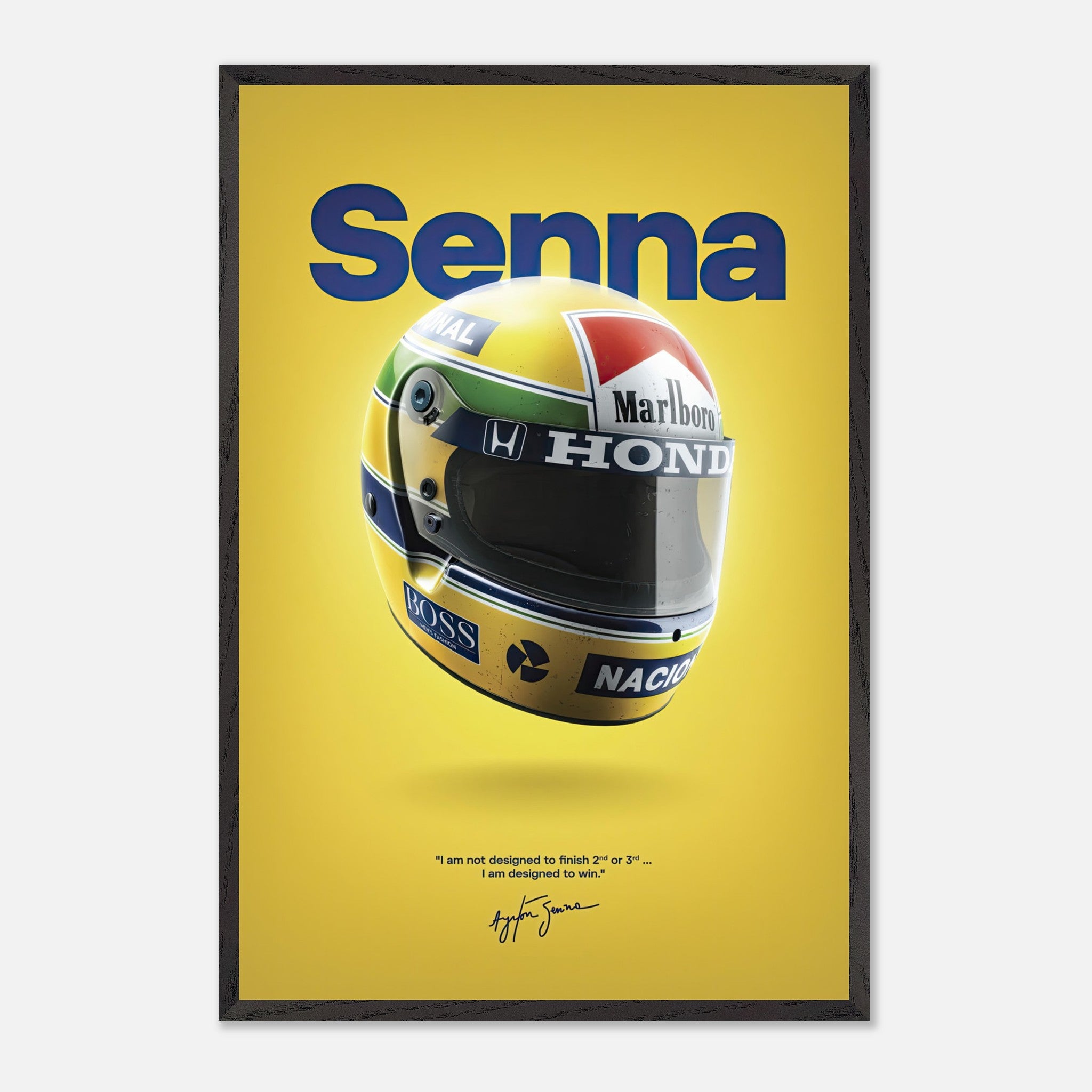 Vintage framed art of Ayrton Senna's iconic helmet on a bold yellow background, celebrating his motorsport legacy.