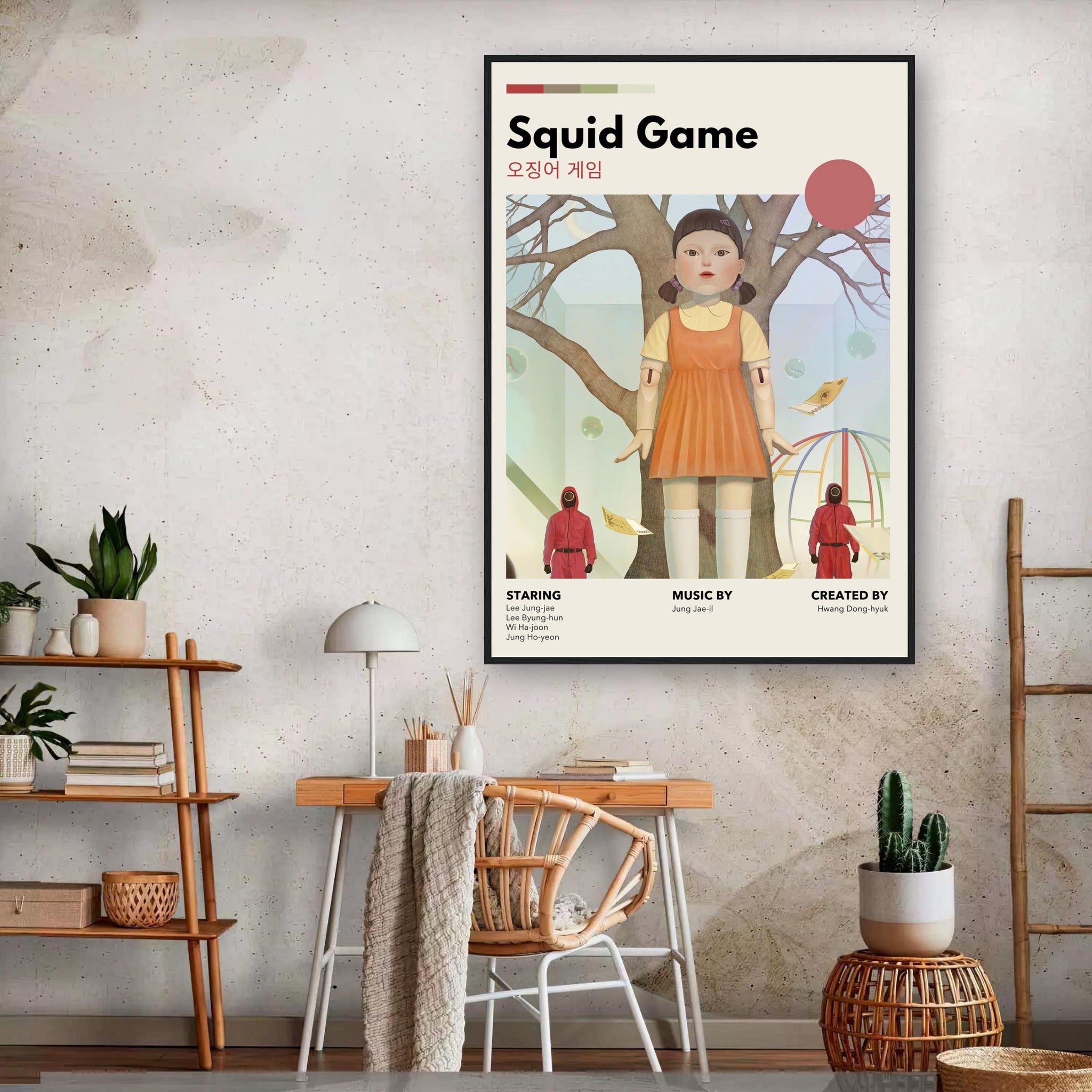 Vintage Squid Game framed poster featuring the iconic doll in a retro design, perfect for fans of the series.