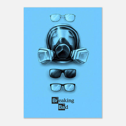 Minimalist Breaking Bad poster featuring a gas mask and glasses on a blue background. Perfect for fans and decor.