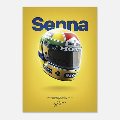 Ayrton Senna helmet poster featuring yellow background, Honda and Marlboro branding, and iconic design with bold typography.