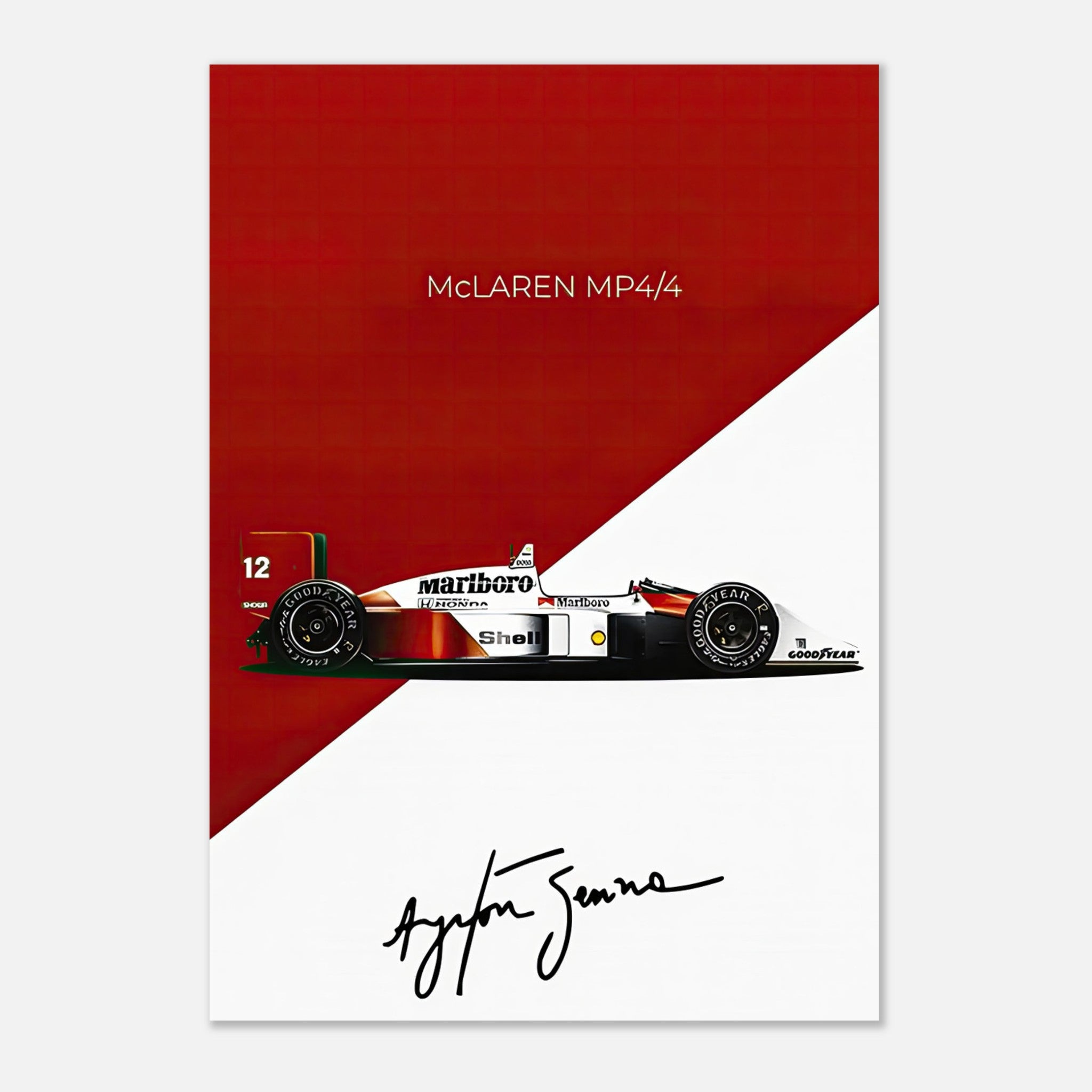 Ayrton Senna McLaren MP4/4 metal print featuring iconic design and signature, celebrating F1 history.