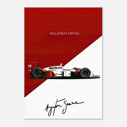 Ayrton Senna McLaren MP4/4 metal print featuring iconic design and signature, celebrating F1 history.