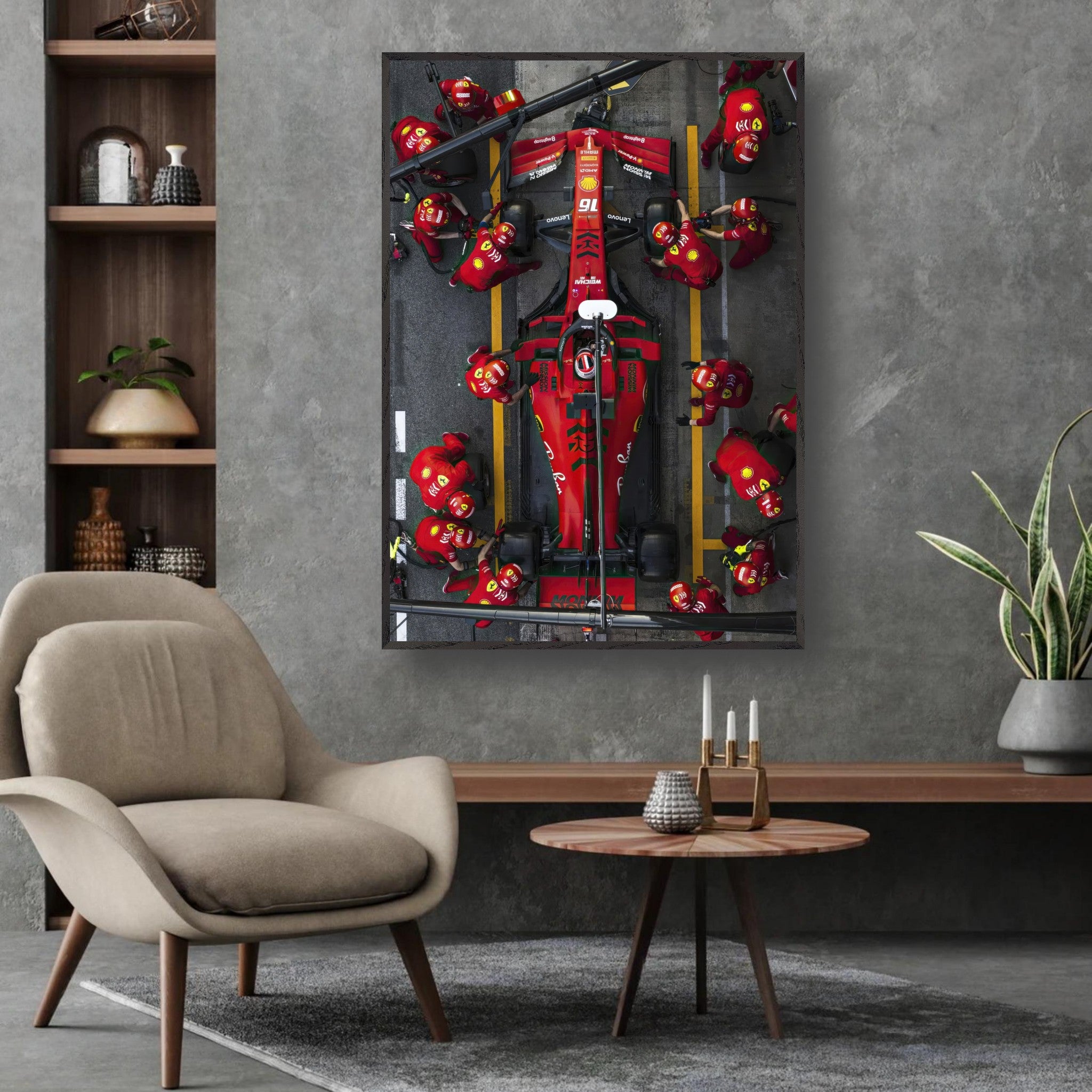 Framed fine art print of a Ferrari Formula 1 pitstop showcasing teamwork and precision in vibrant colors.