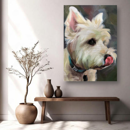 Westie dog painting on brushed metal, vibrant colors depicting a playful West Highland White Terrier.