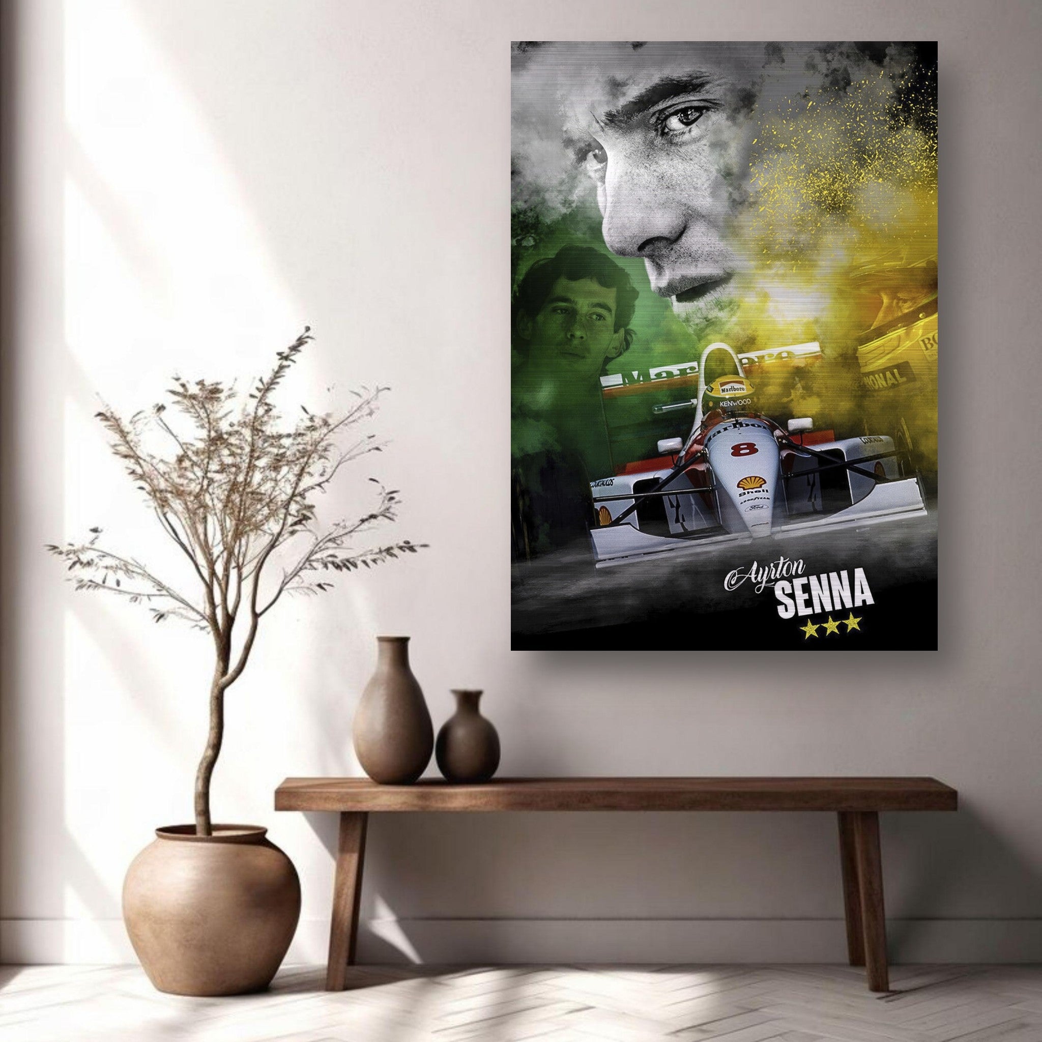 Ayrton Senna Brushed Metal Print showcasing F1 legacy, displayed in a modern living space decor.