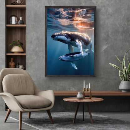 Underwater photography of humpback whale and calf, fine art print showcasing ocean's beauty.