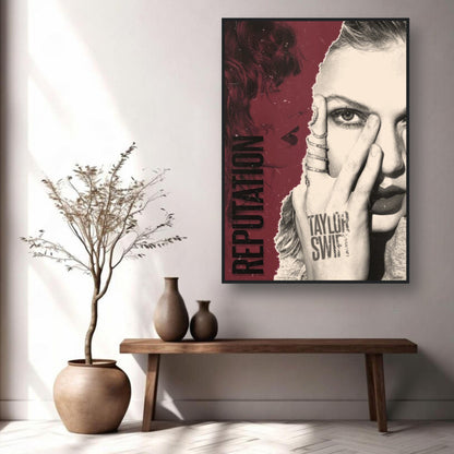 Taylor Swift Reputation framed print featuring bold design and striking colors in a modern room setting.