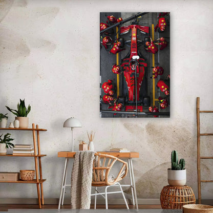 Ferrari pitstop canvas artwork showcasing vivid colors and details, perfect for motorsports enthusiasts.