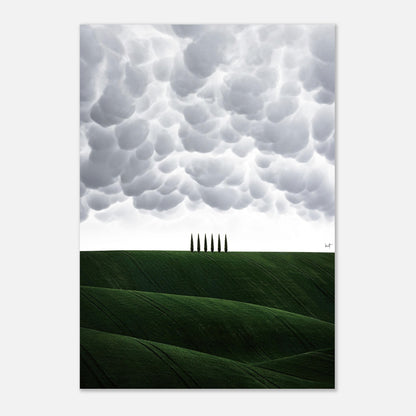 Toscana Italy poster featuring rolling green hills and cypress trees under dramatic clouds.