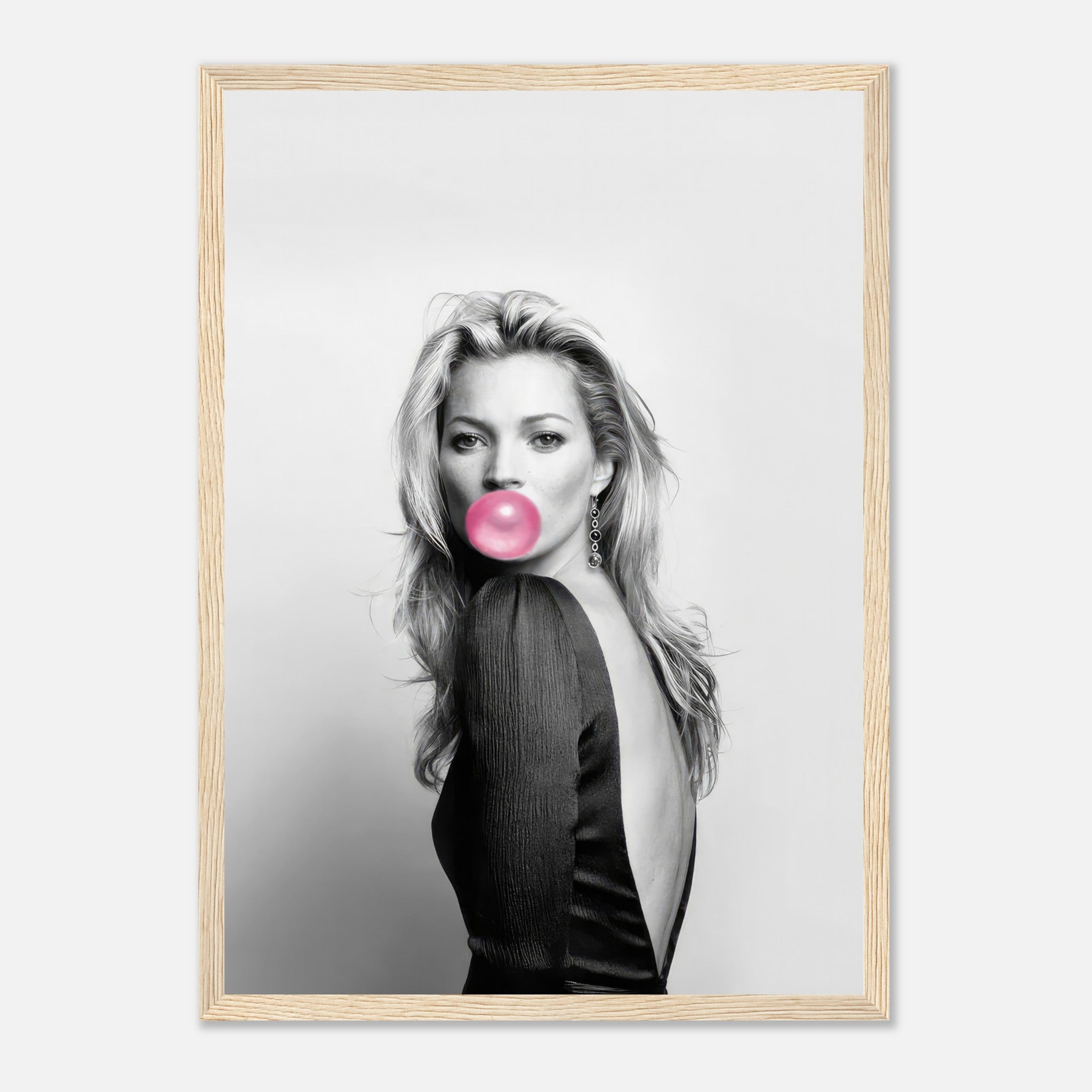 Kate Moss Bubble Gum framed print showcasing a black-and-white portrait with a vibrant pink bubblegum accent.