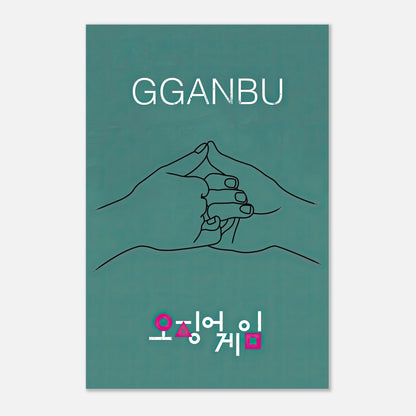 GGANBU Squid Game metal print featuring minimalist design of a handshake on a teal background, symbolizing trust and friendship.