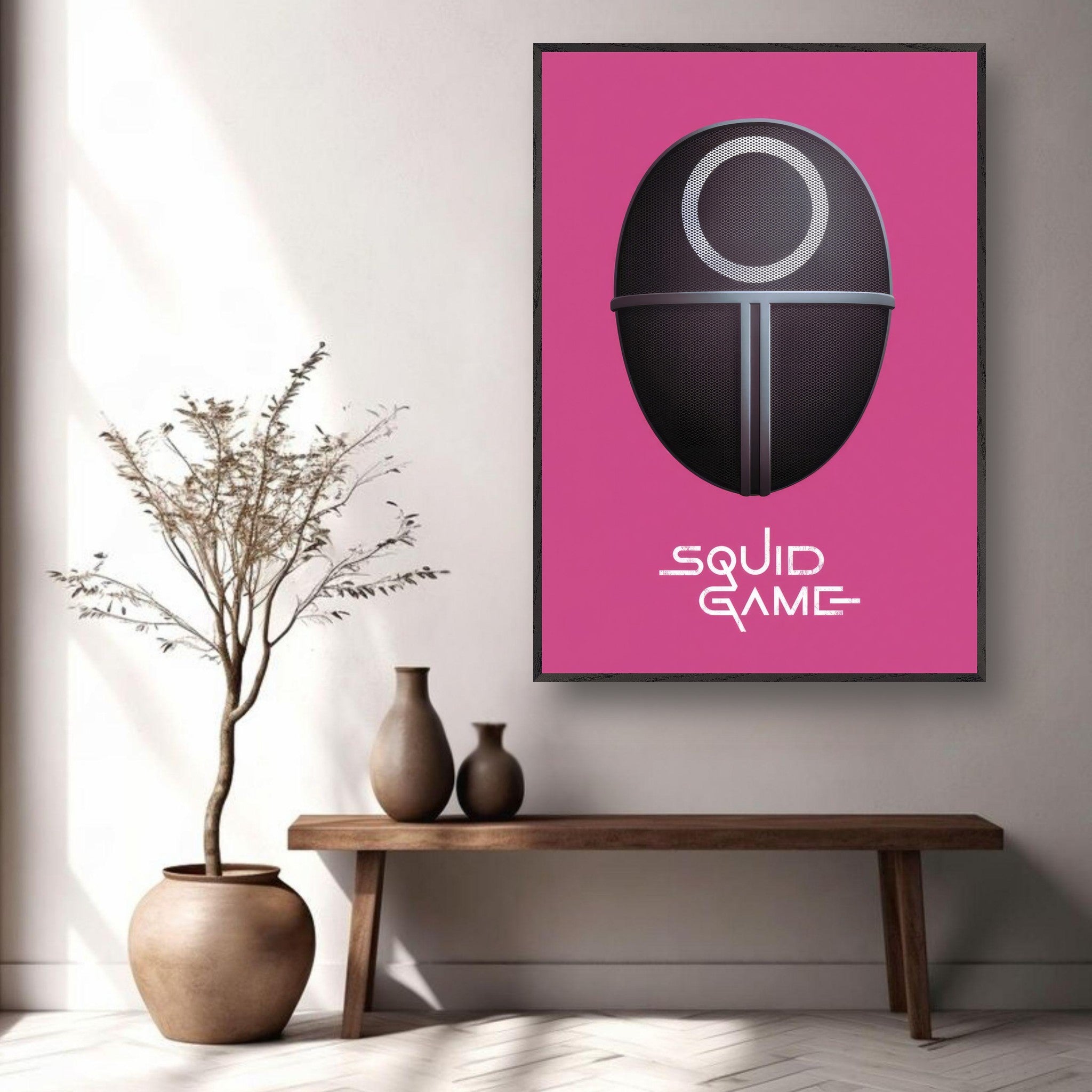 Squid Game Guard Mask fine art print on a pink backdrop, displayed in a modern home interior setting.