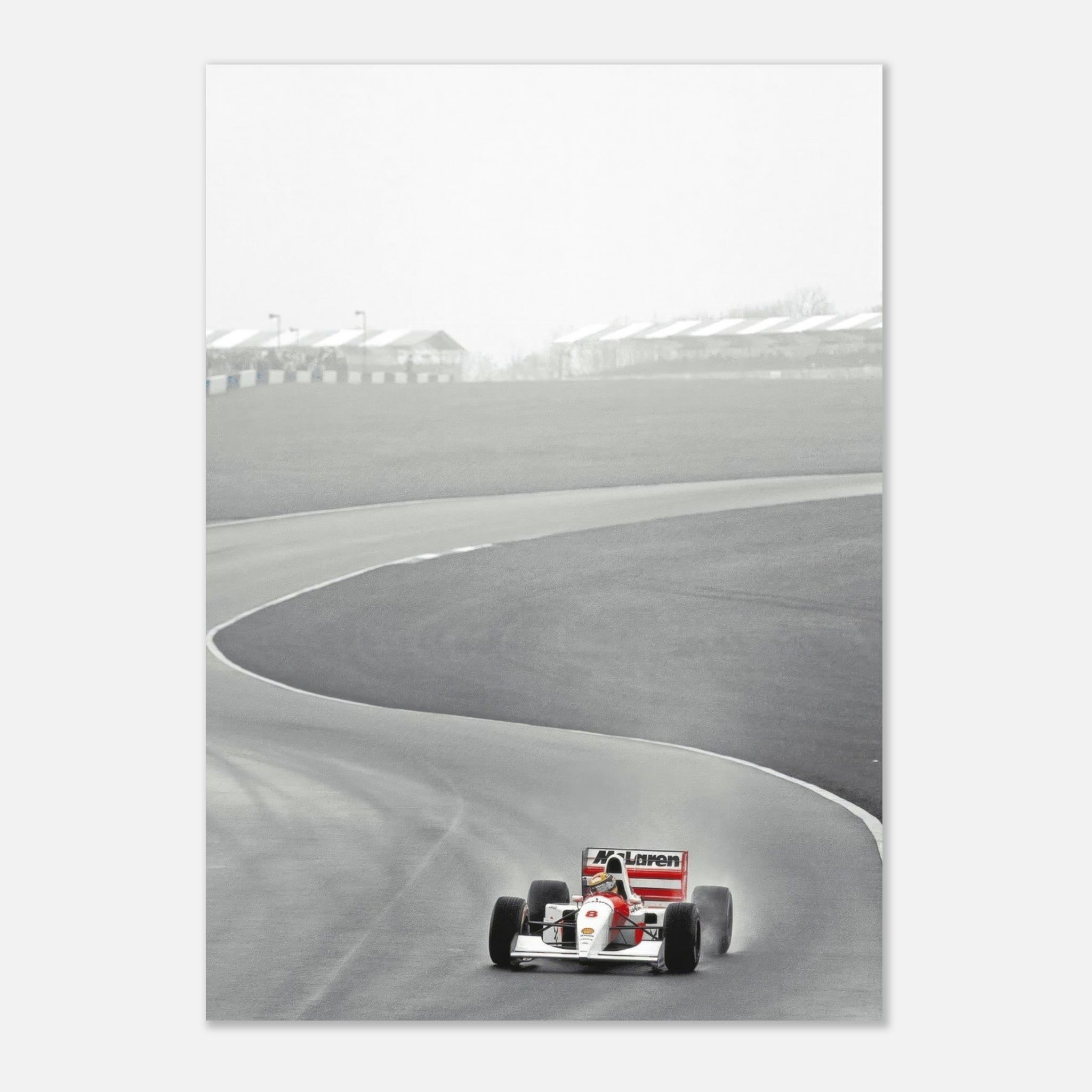 1988 Ayrton Senna McLaren MP4/4 racing on track, showcasing rare Formula 1 motorsport history in minimalist art style.