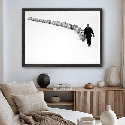 The Shepherd's Trail Vintage Framed Art depicting a shepherd walking with sheep in a snow-covered landscape.