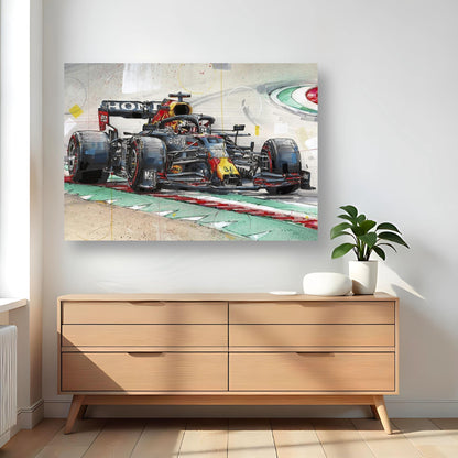 Max Verstappen F1 Red Bull poster showcasing a vibrant racing car design in a stylish living room setting.