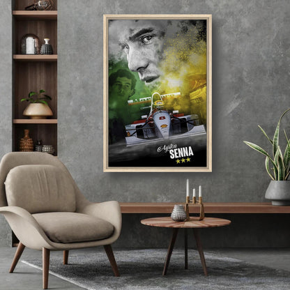 Ayrton Senna framed canvas print showcasing F1 car, vibrant design, and elegant home decor setting.