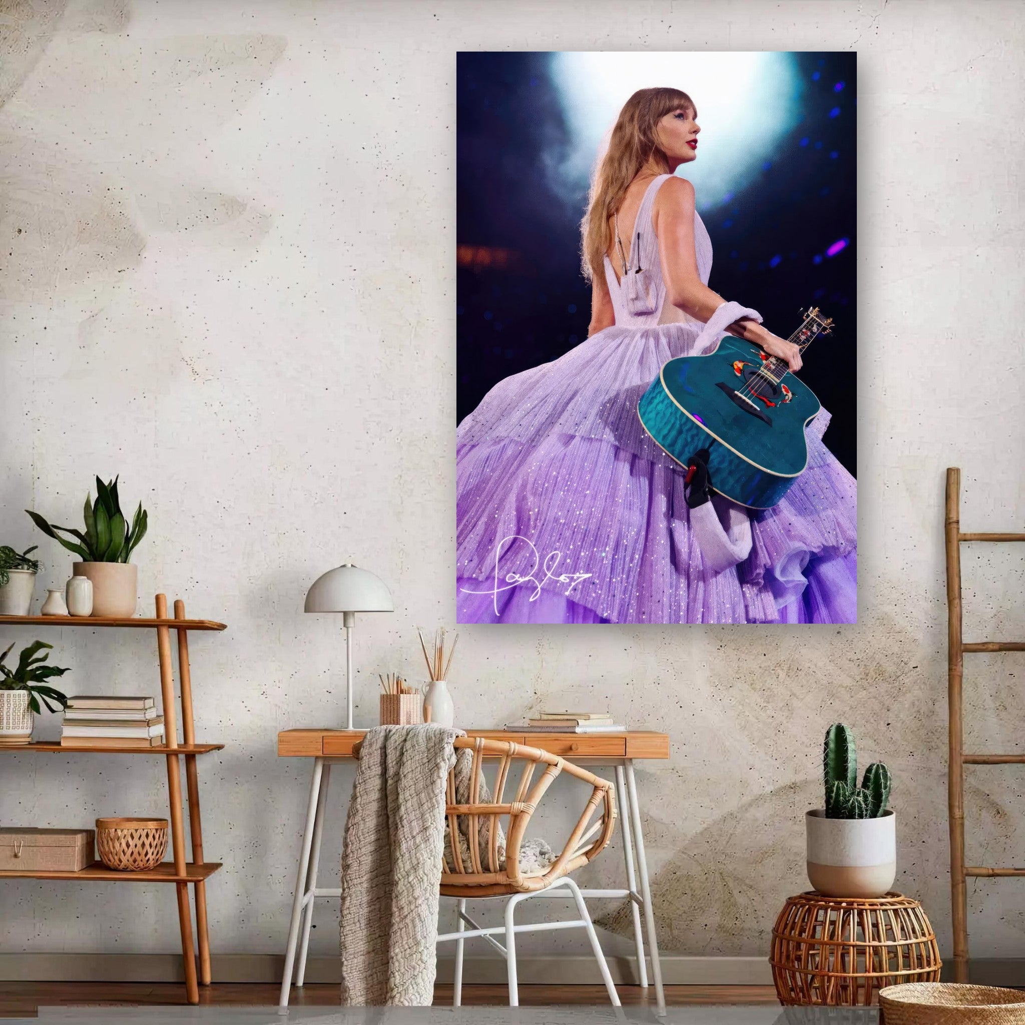 Taylor Swift metal poster showcasing her in a lavender gown holding a turquoise guitar, perfect for fans and decor.