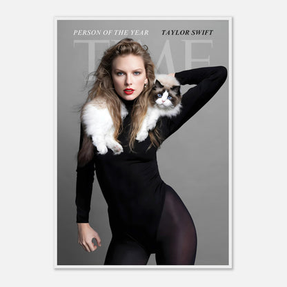 Taylor Swift Time Magazine framed print featuring her as Person of the Year with her cat. Elegant and stylish home decor.