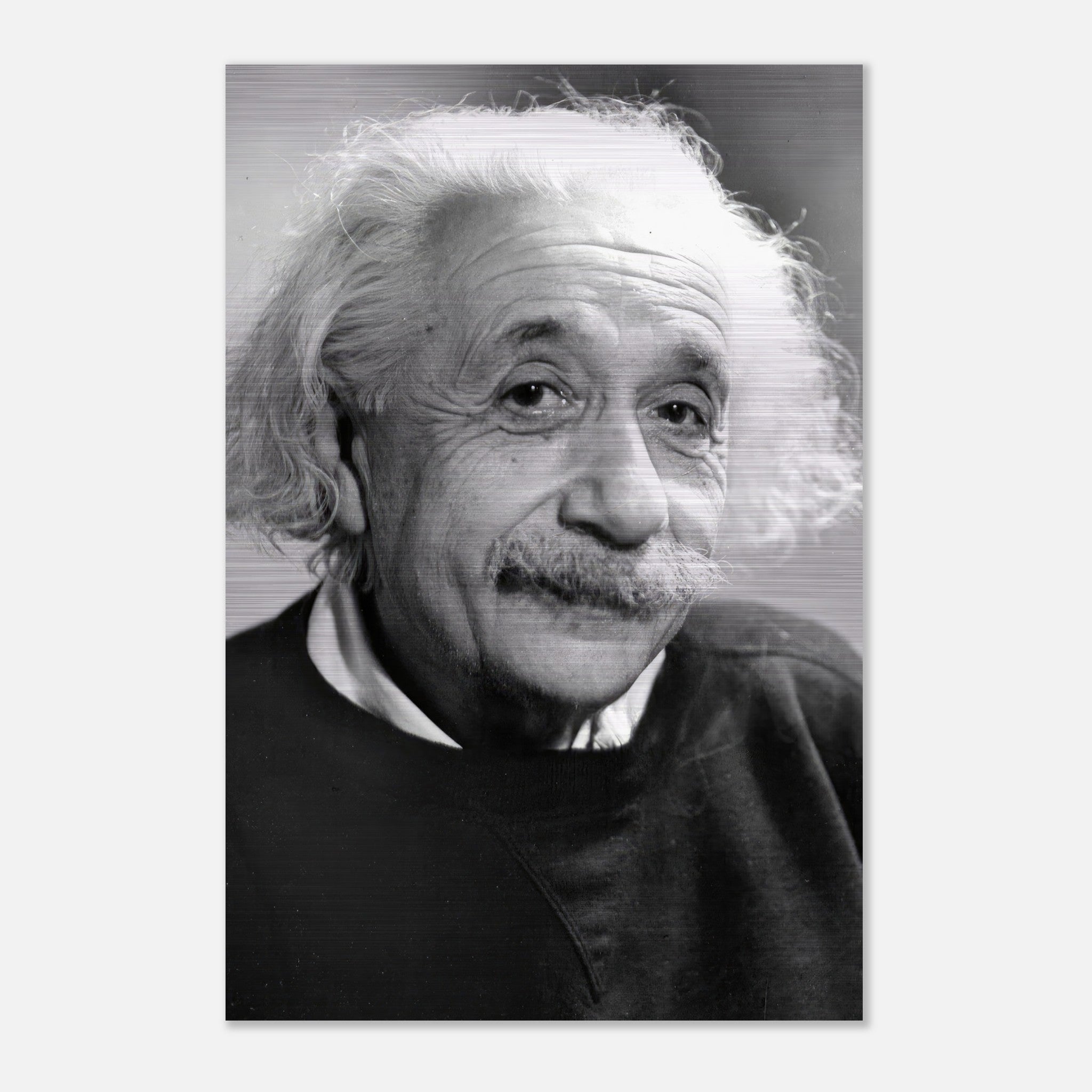 Black and white brushed metal print of Albert Einstein, capturing his wisdom and warmth from 1946.
