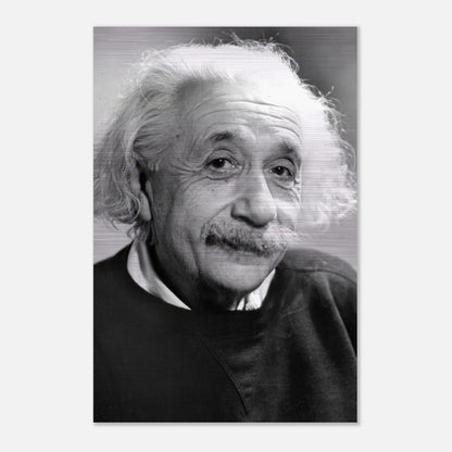Black and white brushed metal print of Albert Einstein, capturing his wisdom and warmth from 1946.