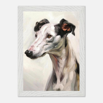 Greyhound dog painting in vintage frame showcasing detailed fur and expressive eyes, perfect for home decor.