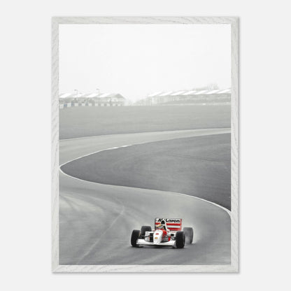 1988 vintage McLaren MP4/4 racing photograph featuring Ayrton Senna in action on the track.