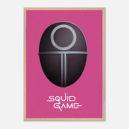 Squid Game Guard Mask Fine Art Print on bold pink backdrop, featuring iconic design and vivid colors, perfect for fans.