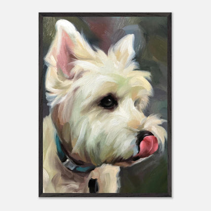Westie Dog Painting Vintage Framed Print showcasing a playful West Highland White Terrier in beautiful brushstroke detail.