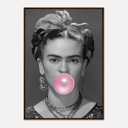 Frida Kahlo framed print featuring bold black and white design with vibrant pink bubble gum detail.