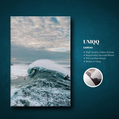 Big Wave Surfing canvas print showcasing a surfer riding a massive wave against a dramatic sky.