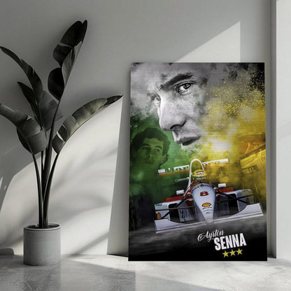 Ayrton Senna brushed metal print showcasing his legacy in Formula 1, featuring dynamic colors and textures.