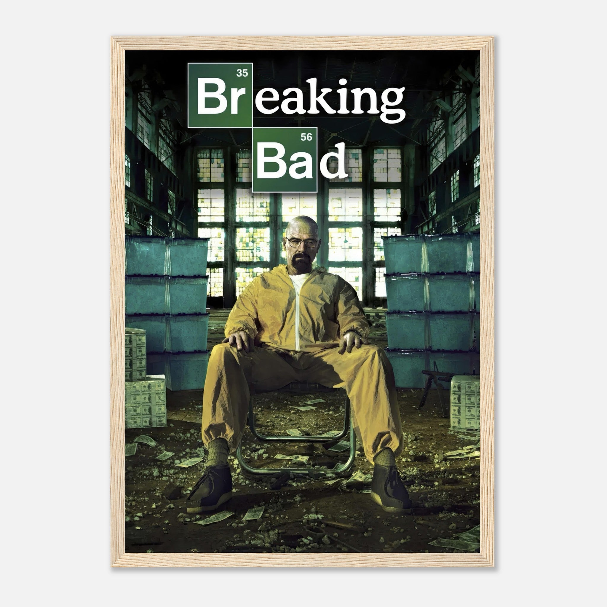 Walter White framed poster featuring him in a yellow hazmat suit from Breaking Bad, set in a dramatic, industrial background.