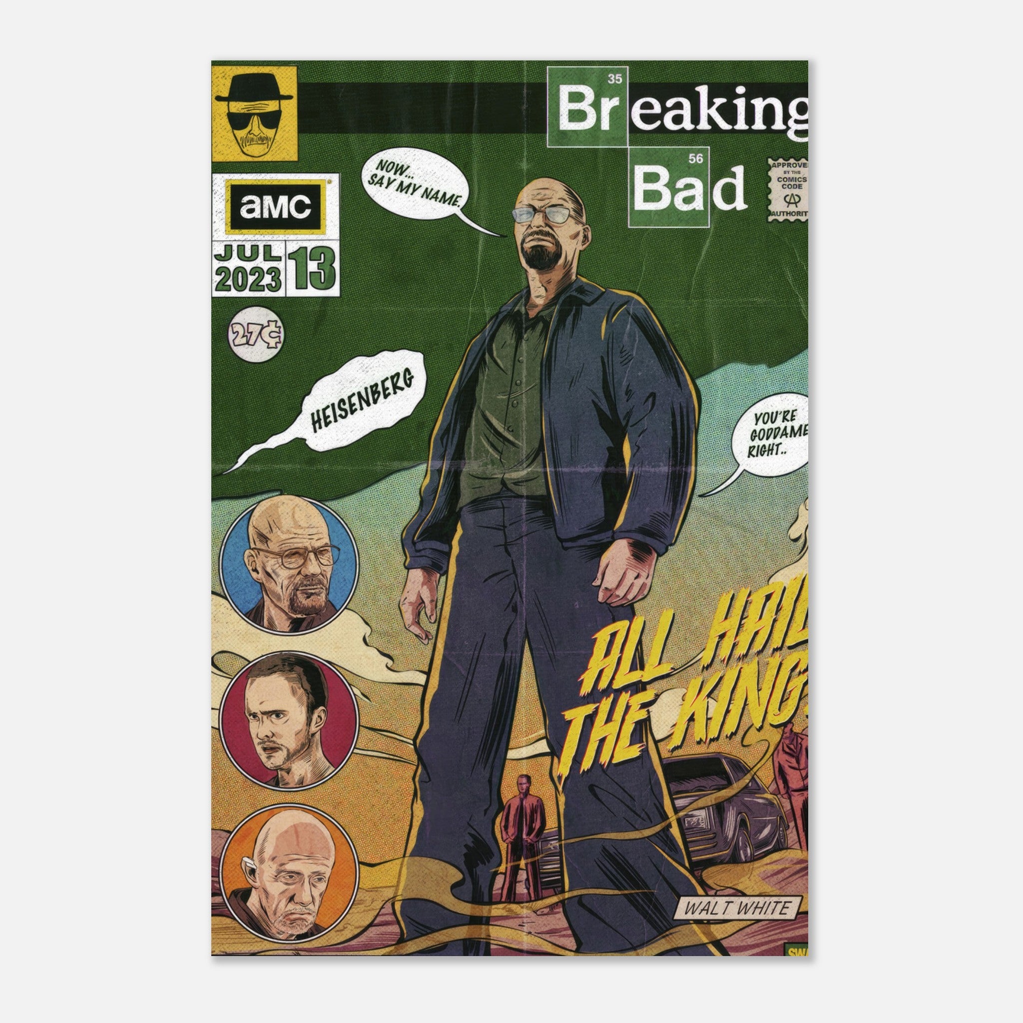 Heisenberg metal print featuring Walter White in comic book style with iconic quotes and characters from Breaking Bad.