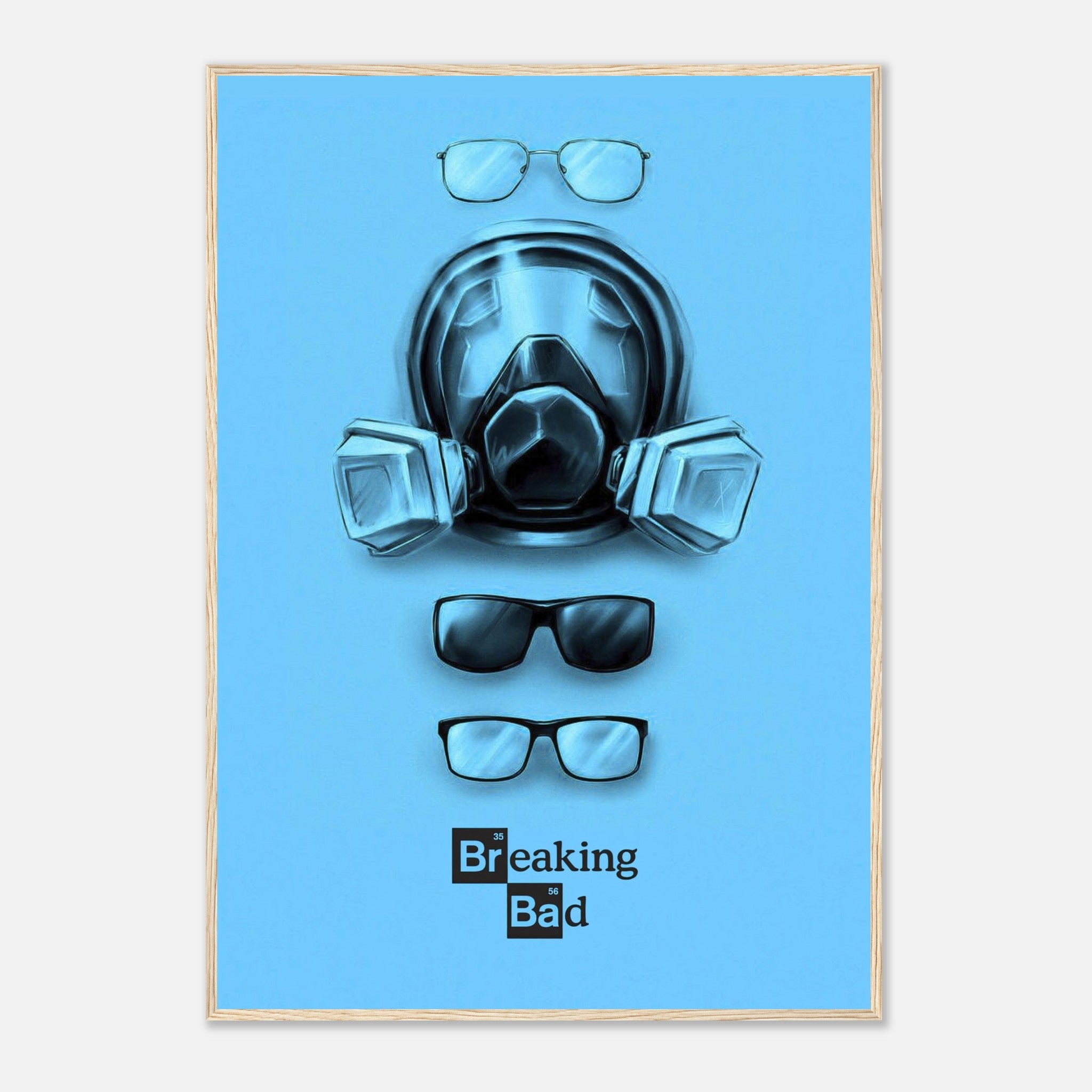 Breaking Bad minimalist poster featuring Walter White's gas mask and glasses on a bold blue background.