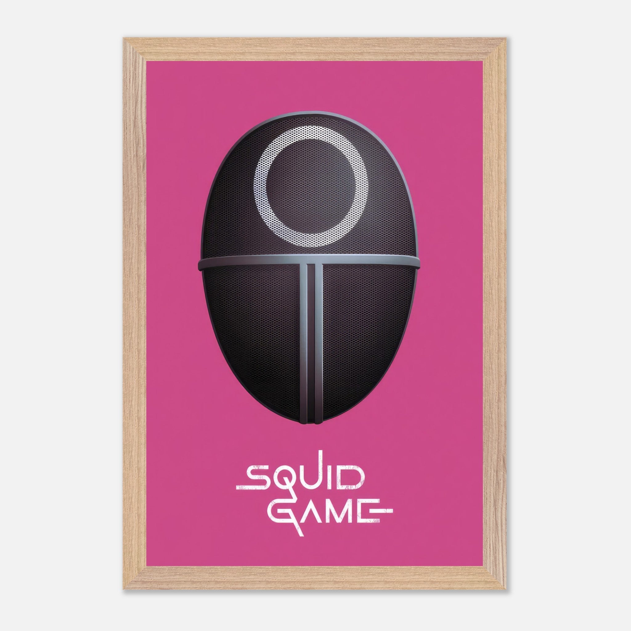 Squid Game Guard Mask fine art print featuring vivid colors on a bold pink backdrop. Perfect for fans and collectors.