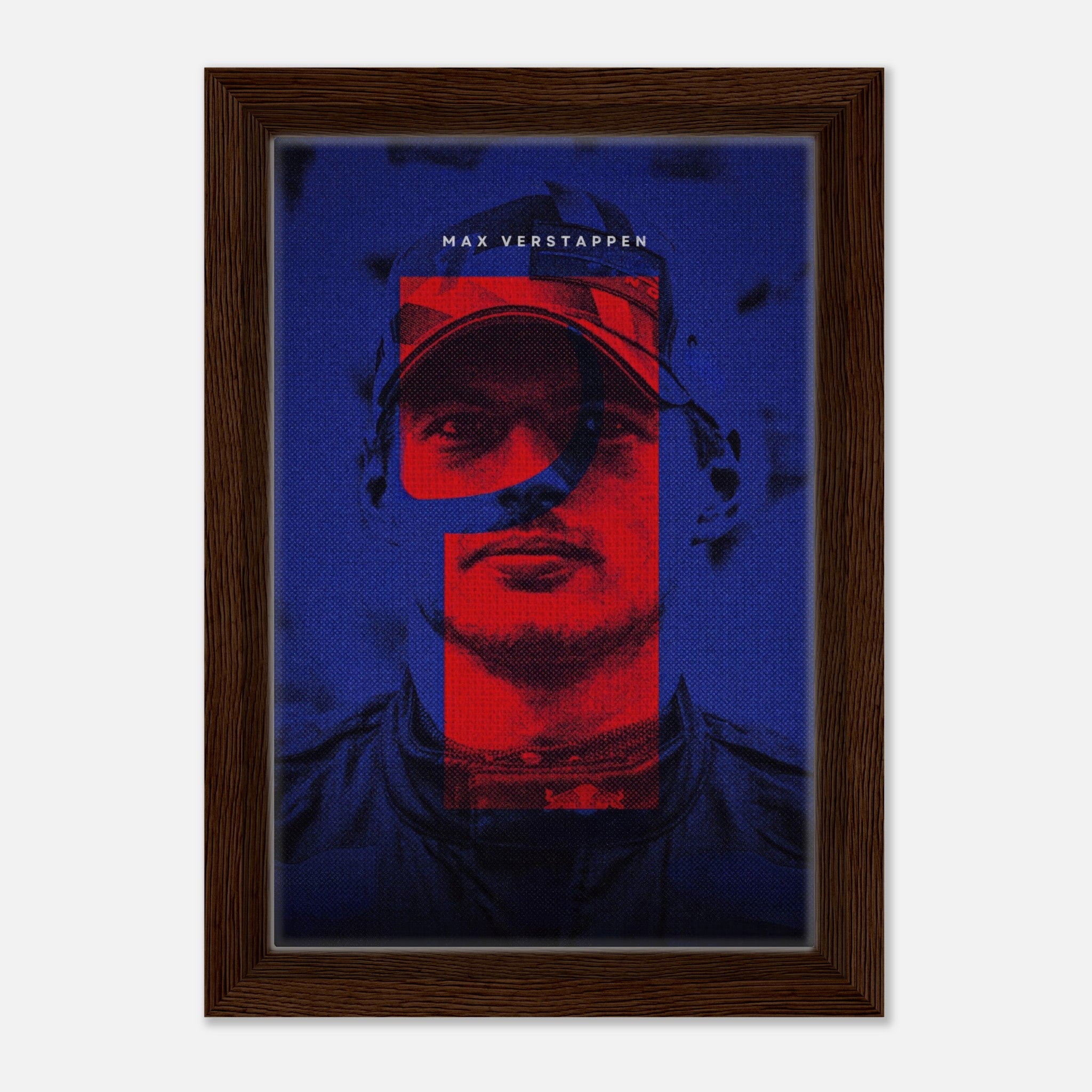 Max Verstappen framed canvas print featuring bold colors and dynamic F1 design, showcasing his racing prowess.